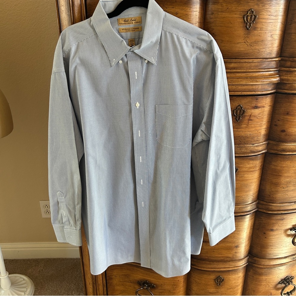 Men’s Long Sleeve blue & White Striped Oxford Shirt 17 1/2/ 35 Roundtree & Yorke